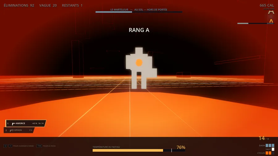 In-game: an armoured boss glowing white against a molten floor, its body colour reading as its health.