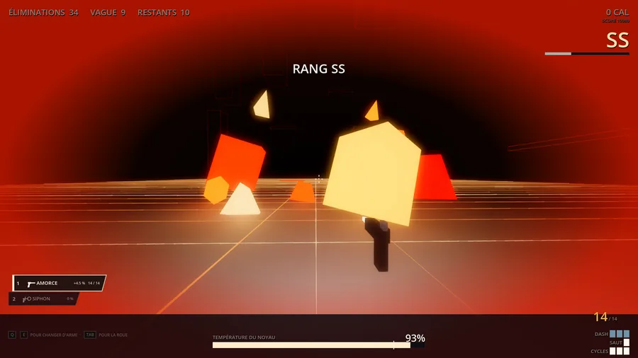 In-game: the player fires deep in the red zone, the whole arena washed orange, core temperature at 93 %.