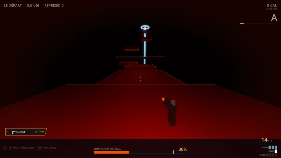 In-game: a movement course of floating platforms rising above a dark red plain.