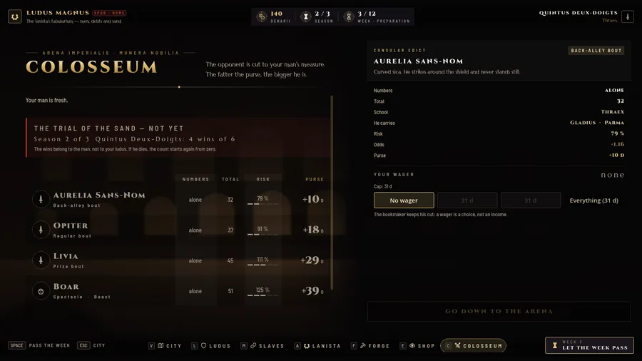 In-game: the colosseum board, four bouts with their risk, odds and purse.