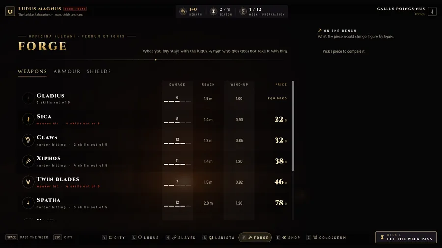 In-game: the forge, a list of weapons with their damage, reach, wind-up and price.