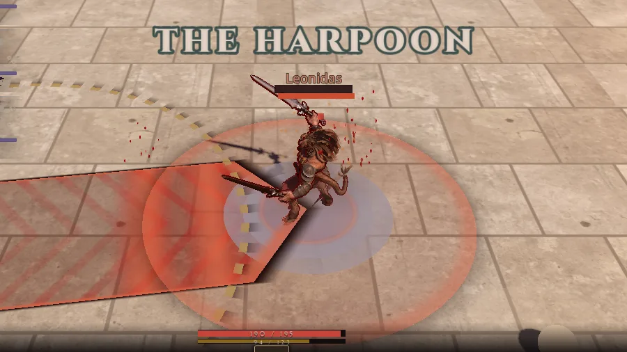 In-game: a combo name, THE HARPOON, written above a bleeding boss in the middle of a red ground marking.