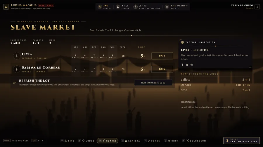 In-game: the slave market, two men for sale with their five statistics and their price.