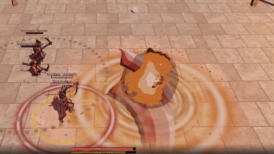 In-game: a boss roars in a burst of fire, a shockwave throwing the gladiators around him back.