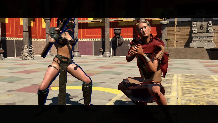 In-game: on his knees in his own villa, the legate begs a gladiator raising a war scythe.