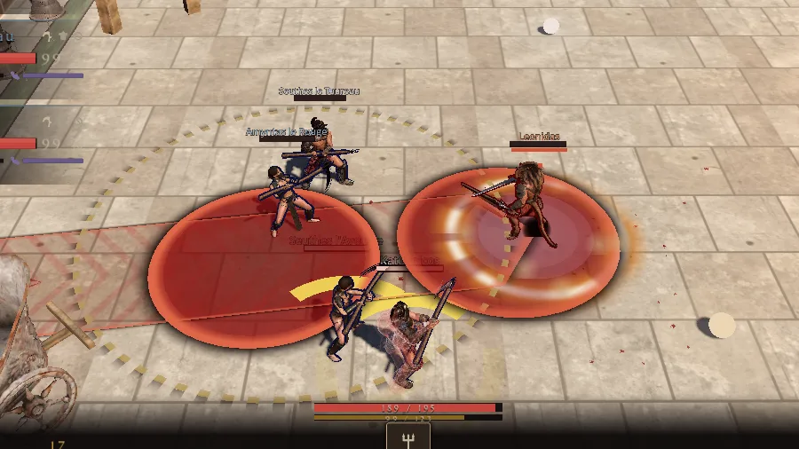 In-game: two red circles drawn on the floor by a boss, the player's gladiators caught between them.