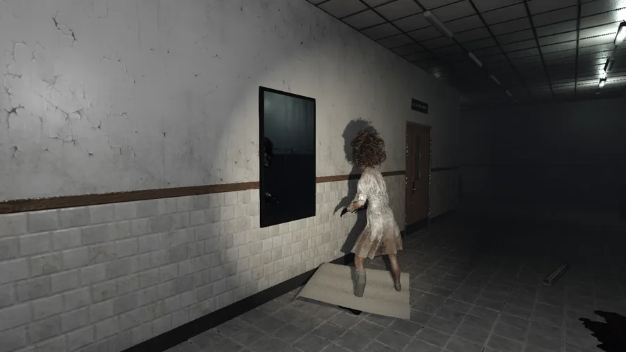 In-game: in a hospital corridor, a nurse in a stained uniform recoils from an uncovered wall mirror.