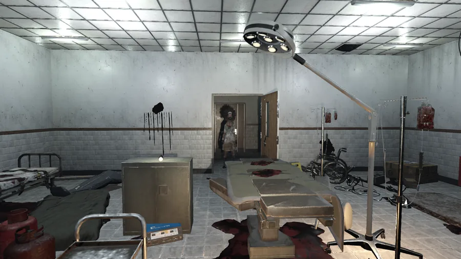 In-game: an operating theatre under hard white light; in the dark doorway, the nurse waits without coming in.
