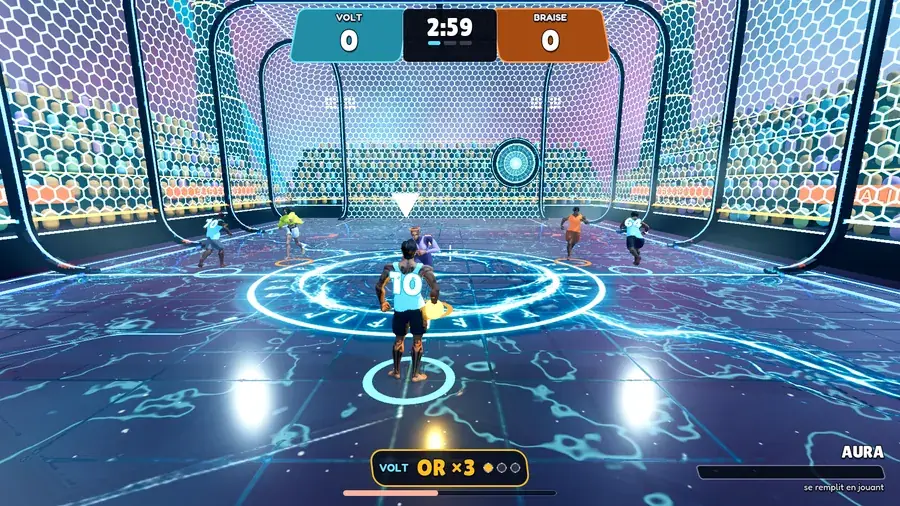 In-game: a player holds the ball in the middle of the arena, the ball charge reads GOLD ×3.