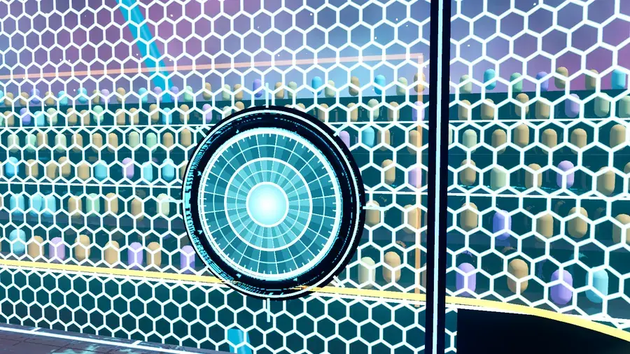 In-game: a round target of glowing rings bolted to the hexagonal cage wall.