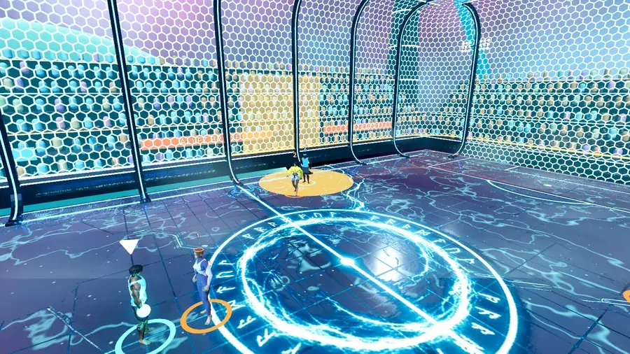 In-game: a golden circle lit on the arena floor near the wall, players running toward it.